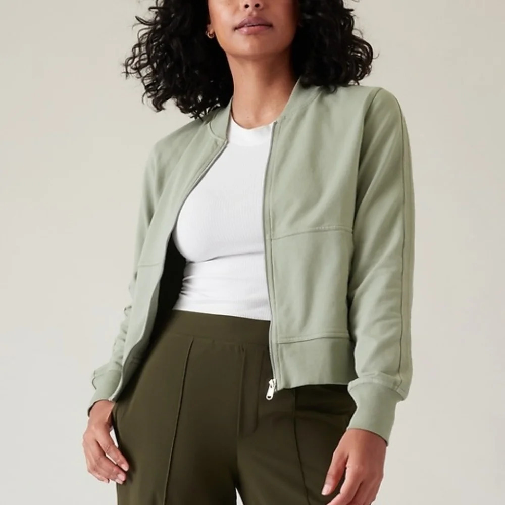 Athleta Farallon Knit Bomber Jacket Zip Front Fern Green Size XS